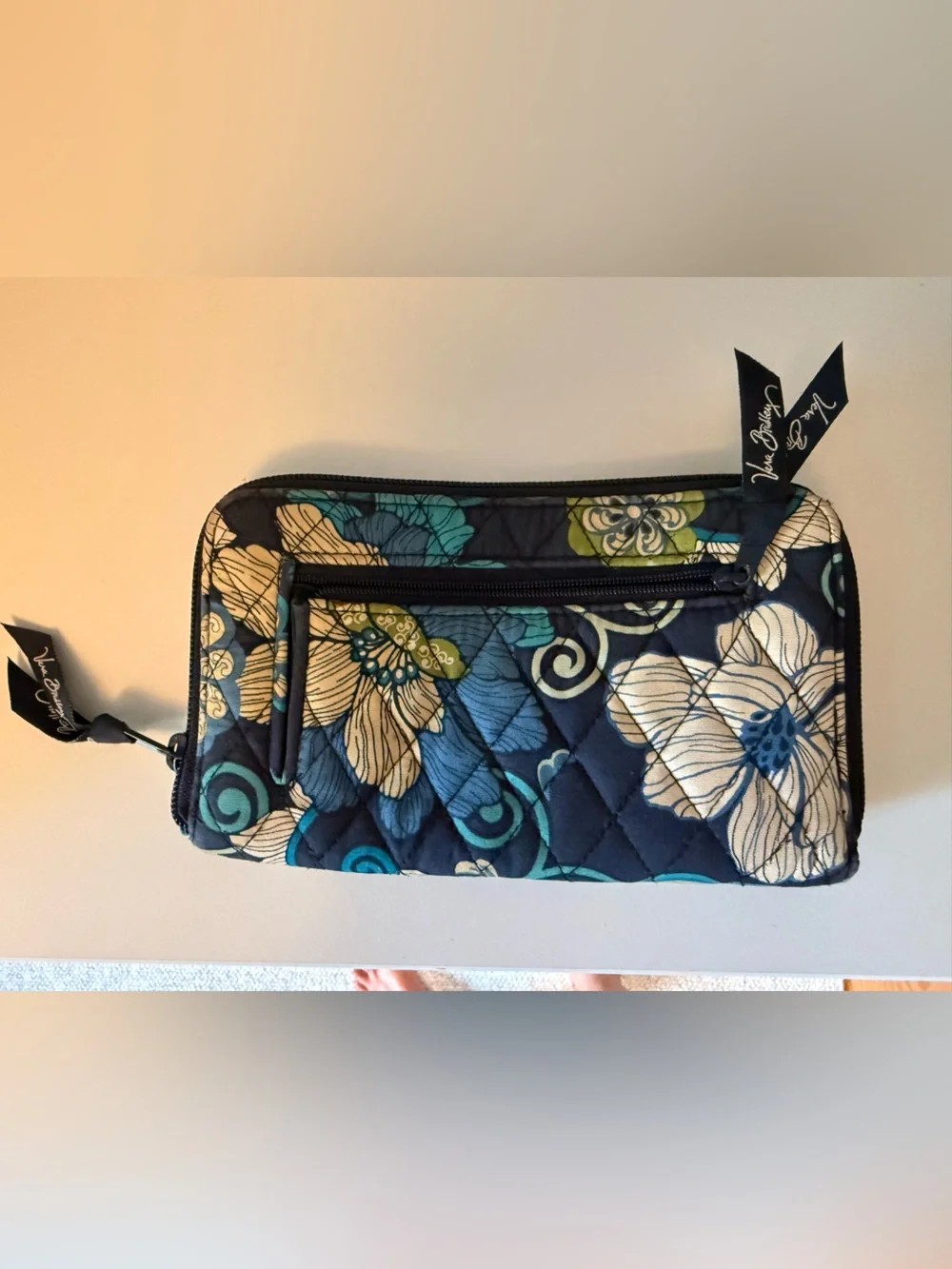Vera Bradley Navy Floral Quilted Zip Wallet with Teal Accents